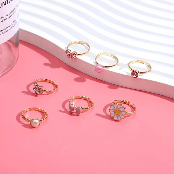 NEWITIN 7 Pieces-100 Pieces Cute Rings for Girls Crystal Ring Girl Pretend Play and Dress up Rings Adjustable Ring Kids Jewelry Little Girl Gift for Girls Kids