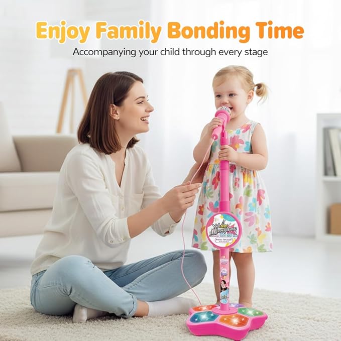 Kids Star Microphone with Stand, All-in-One Portable Karaoke Machine, Colorful Lights & Echo Effects, Easy-to-Use Singing Toy for Birthday Parties & Music Play (Black)
