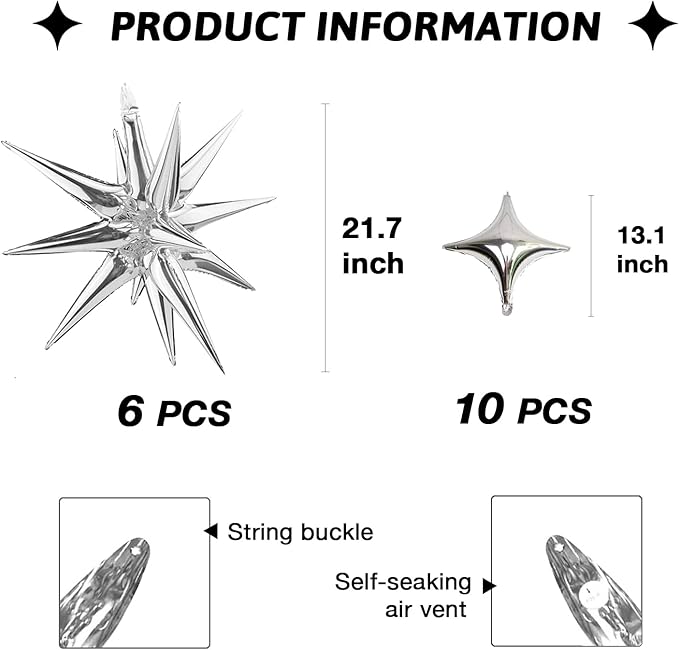 Silver Star Foil Balloons Kit with 6 Pack 12 Point Star Balloons Starburst Cone Balloons Spike Balloons and 10Pcs Four Pointed Star Balloos for Wedding Baby Shower Photo Booth Birthday Party Supplies