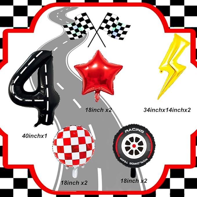 Race Car Birthday Party Decorations Large Lightning Bolt Foil Balloons Race Car Balloons 40 Inch Racetrack Number 4 Balloon for Boys 4th Race Car Birthday Party Decor Supplies