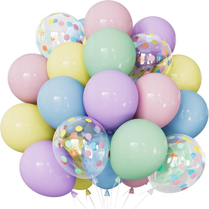 Pastel Balloons, 50PCS 12 Inch Easter Balloons with Clear Polka Dot Balloon, Macaron Pink, Blue, Green, Purple & Yellow for Birthday, Baby Shower & Spring Party Decorations
