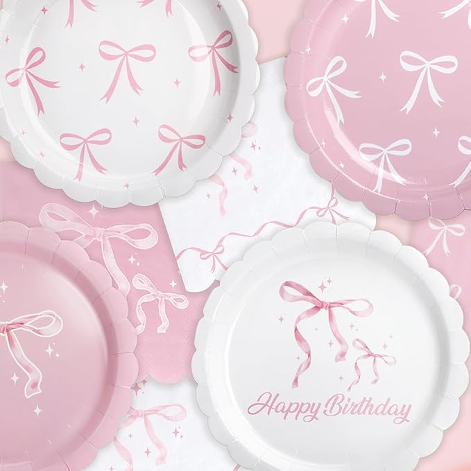 40 Pcs Pink Bow Plates and Napkins Tableware Sets for Bow Party Decorations, Pink Bow Birthday Decorations Which Can Serve 20