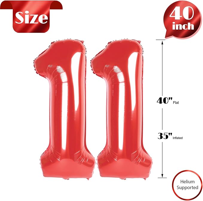 Red Number 11 Balloon 40 inch, 11 Number Balloons, 11th Red Birthday Decorations, 11 Year Old Girls Boys Party Supplies