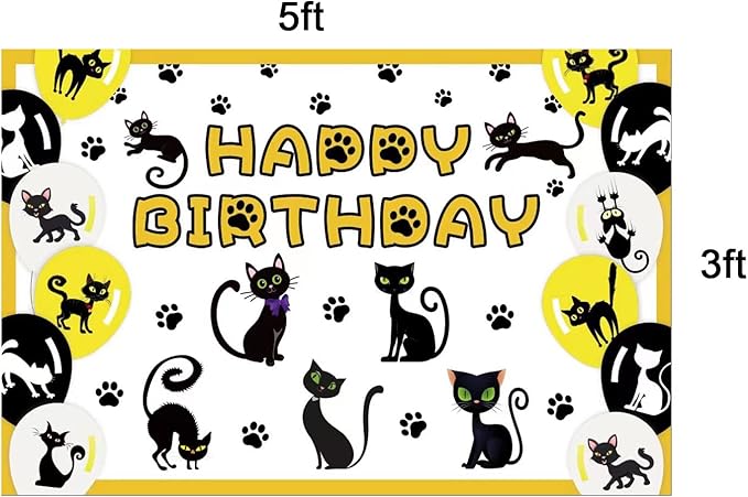 Cat Themed Party Decoration Black Cat Birthday Party Supplies Set Includes 5 x 3ft Black Cat Backdrops, Cat Happy Birthday Banner, Cake Topper, Cupcake Toppers, Balloons