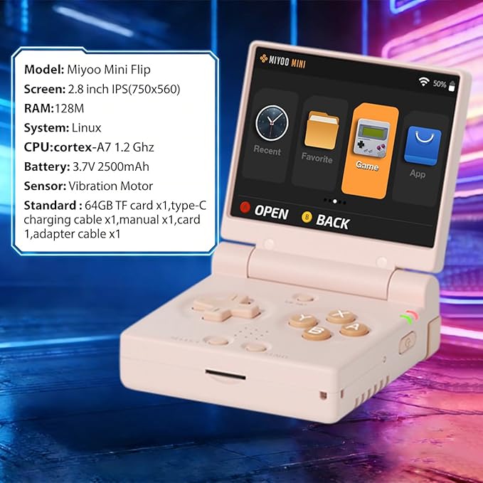 Miyoo Mini Flip Handheld Game Console 2.8-inch 750*560 IPS Screen 2500mAh Miyoo-mini Flip Clamshell Retro Games Consoles OnionOS-64GB Pink