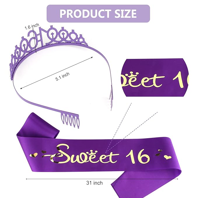 16th Birthday Party Essentials for Girls - Purple Decorations, Crown and Sash, Cake Topper for a Delightful Celebration