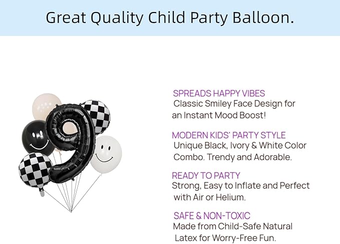 100% LIKED-One Happy Dude Balloon Set, 40” Black Number|Black & White Smiley Face Latex |Checkered Foil for One Happy Dude Birthday Decorations, Baby Shower, 9th Birthday Party Supplies (Black9th)