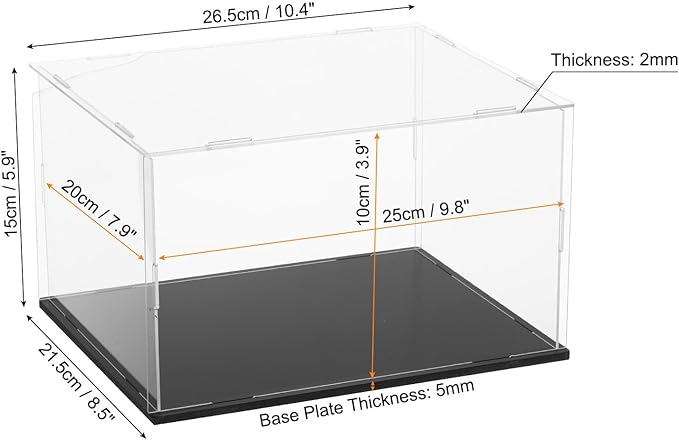 uxcell Acrylic Clear Display Case for Collectibles Self-Assemble Display Boxes, Black Base Dustproof Countertop Storage Box for Collectibles Action Figures, 9.8 x 7.9 x 5.9 Inch
