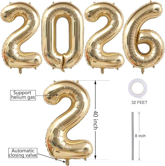 Champagne Gold 2026 New Years Eve Balloons Party Decorations, 40 Inch Light Gold 2026 Number Foil Helium Balloon Christmas Festival GraduationParty Decor Supplies