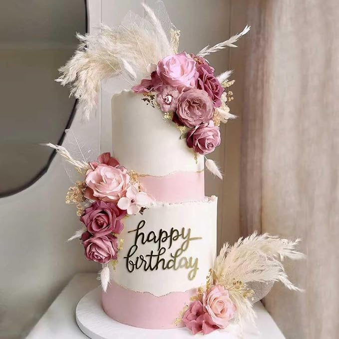 33 PCS Boho Cake Topper Decorations Vintage Artificial Rose Flowers Leaves Various Dried Pampas Grass for Cake Decorating Kit for Wedding Bridal Birthday Party Supplies