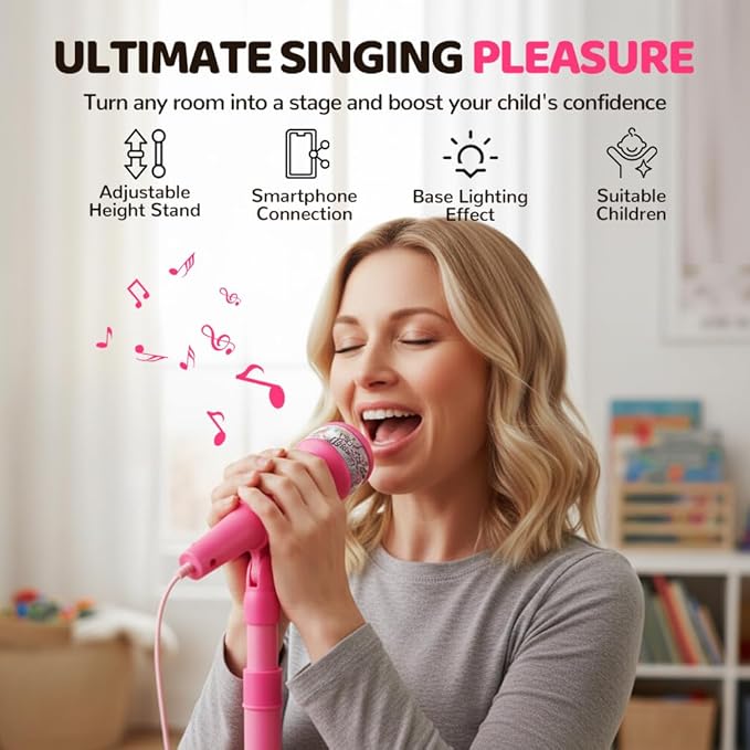 Karaoke Star Machine with Light, 2026 Upgrade Star Microphone with Stand, All in One Funny Karaoke Microphones with Adjustable Stand for All Ages, Birthday Gifts (not Included adeapter Cable) (Pink)