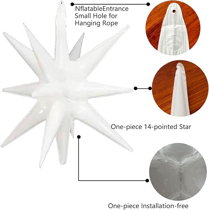 6 Pcs White Star Foil Balloons One-Piece 14-Pointed Star Balloon 4D Cone Mylar 22inch Christmas Birthday Wedding Fireworks Shape Party Supplies (White) ﻿