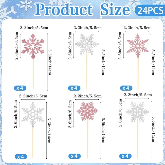 Snowflake Cupcake Toppers, 24PCS Glitter Winter Frozen Cupcake Picks Cake Decorations, Pink and Silver Snowflake Food Picks Topper for Christmas Winter Wonderland Baby Shower Party Decoration Supplies