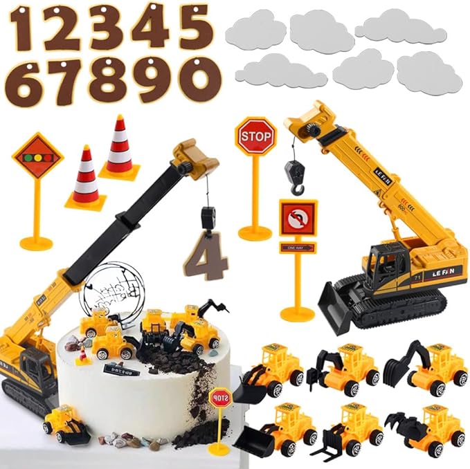RUIYDZ 28pcs Construction Cake Topper Birthday Cake Toppers Construction Birthday Party Supplies Large Crane Excavator Traffic Sign Cake Decorating Kit Construction Toys Birthday Party Favors