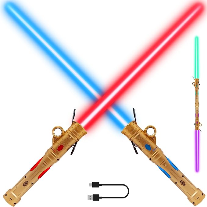 Light Sword Toy for Kids, LED Dual Light Sabers with FX Sound Rechargeable Light Sword Set for Galaxy War Fighter Warriors, Halloween Dress Up Party Kid Gift, Christmas Birthday Present (2 Pack)