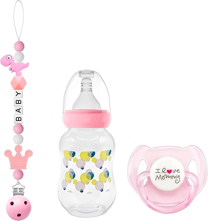 3-Piece Baby Doll Magnetic Pacifier Feeding Set, Realistic Reborn Doll Accessories with Reborn Bottle, Magnetic Doll Pacifier & Cute Animal Pattern Pacifier Clip Pink Pretend Play Toy for Kids Gift