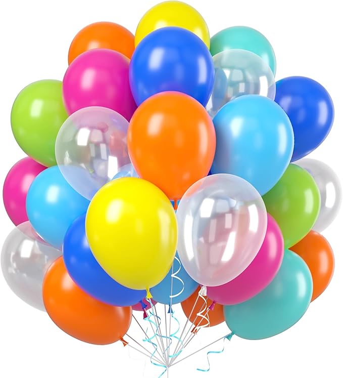 Pool Party Balloons, 60pcs 12 Inch Blue Green Orange Yellow Hot Pink Teal Clear Balloons for Sea Life Theme Birthday Pool Beach Theme Party Decorations