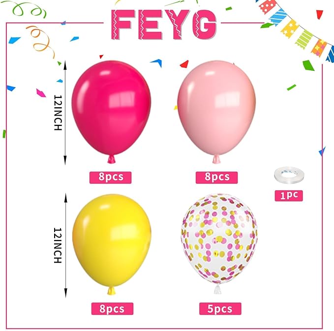 Pink and Yellow Balloons,12 Inch Maca Hot Pink Yellow Confetti Balloons with Ribbon,for Girls Peach Birthday Baby Shower Engagement Party Decorations