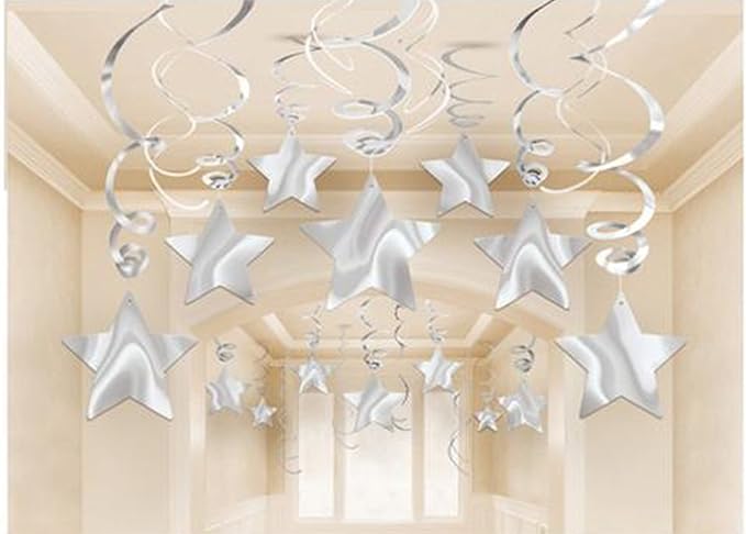 Party Swirl Decorations, Hanging Swirl for Ceiling Decorations, Silver with Star, Pack of 30