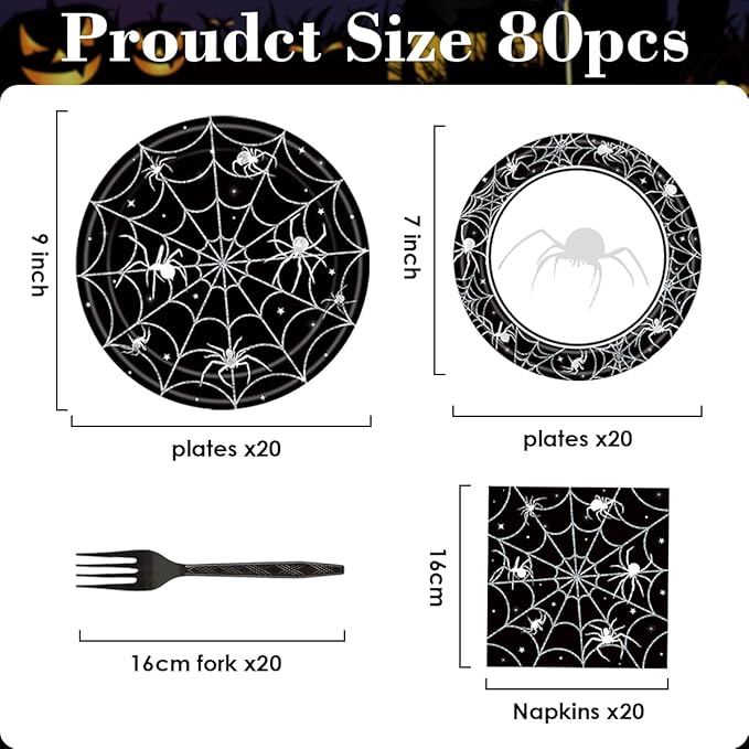 80 Pcs Halloween Spider Web Tableware Party Supplies - Disposable Dinnerware Set with Paper Plates, Napkins, and Forks for Spooky Halloween Party Supplies, Birthday Decorations Serves 20