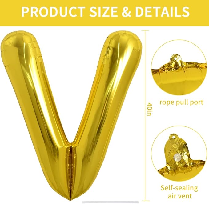 TONIFUL 40 Inch Large Gold Letter V Balloons, Foil Mylar Big Balloons for Birthday Party Anniversary Decorations