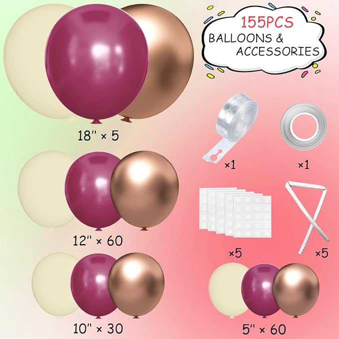 Plum Purple White Gold Balloon Arch Kit, 155Pcs Dark Mauve White Sand Rose Gold Balloons Garland for Boho Baby Shower Birthday Wedding Party Decoration
