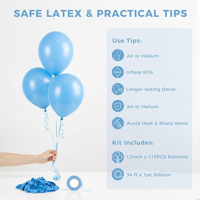 LovesTown 110PCS Latex Balloons 12inch Party Balloons Arch with Ribbon for Birthday Baby Shower Wedding Party Decorations Blue (Pack of 2)