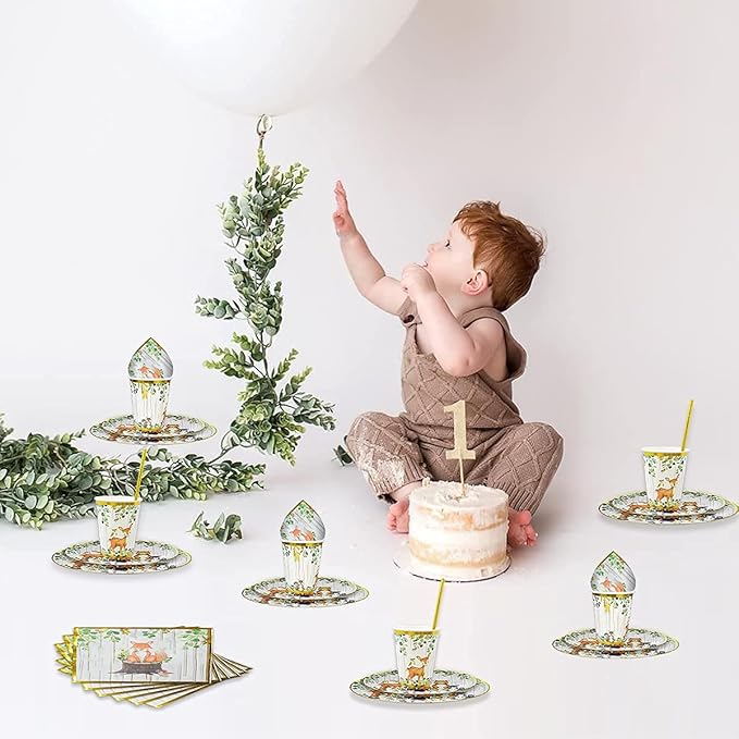 121Pc Woodland Baby Shower Decorations For Boy Or Girl, Birthday Party Supplies, Heavy Duty Sage Green Tablecloth, Paper Plates, Napkins, Straws And Cups, Forest Animal Friends Tableware Set Serves 24