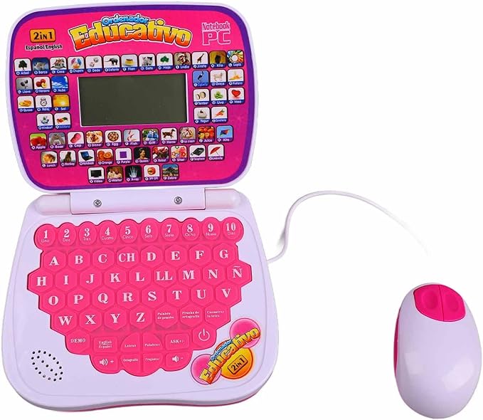 Kids Learning Laptop Bilingual English Spanish Educational Toy with Music Reread Function Keyboard for Children Early Education (Pink)