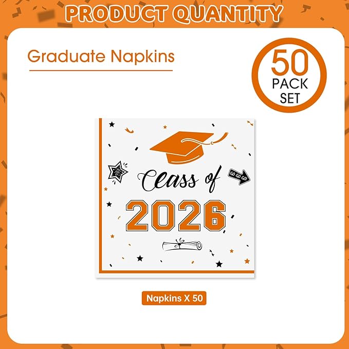 50 Pcs Graduation Napkins Decorations - Orange Class of 2026 Congrats GRAD 3-Ply Paper Cocktail Dinner Napkins Set for 2026 Graduation Party Supplies Table Decor Favors, 6.5 x 6.5 Inch