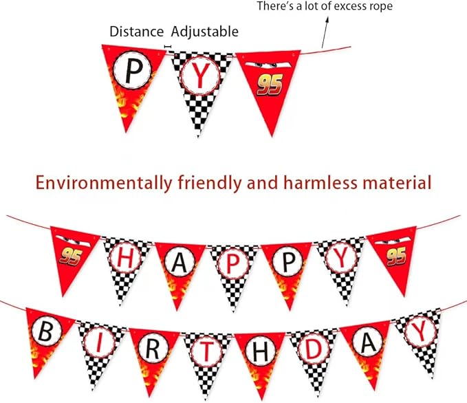 Race Car Happy Birthday Banner - Racing Themed Party Sign, Checkered Flag Decorations