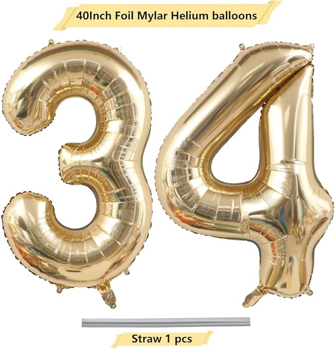 40 Inch Light Gold 34 Numbers Balloons White Gold Giant 34 Foil Mylar Helium Large Digital Balloon Champagne Gold Birthday Jumbo Balloons 34th or 43rd Anniversary Party Decorations Supplies