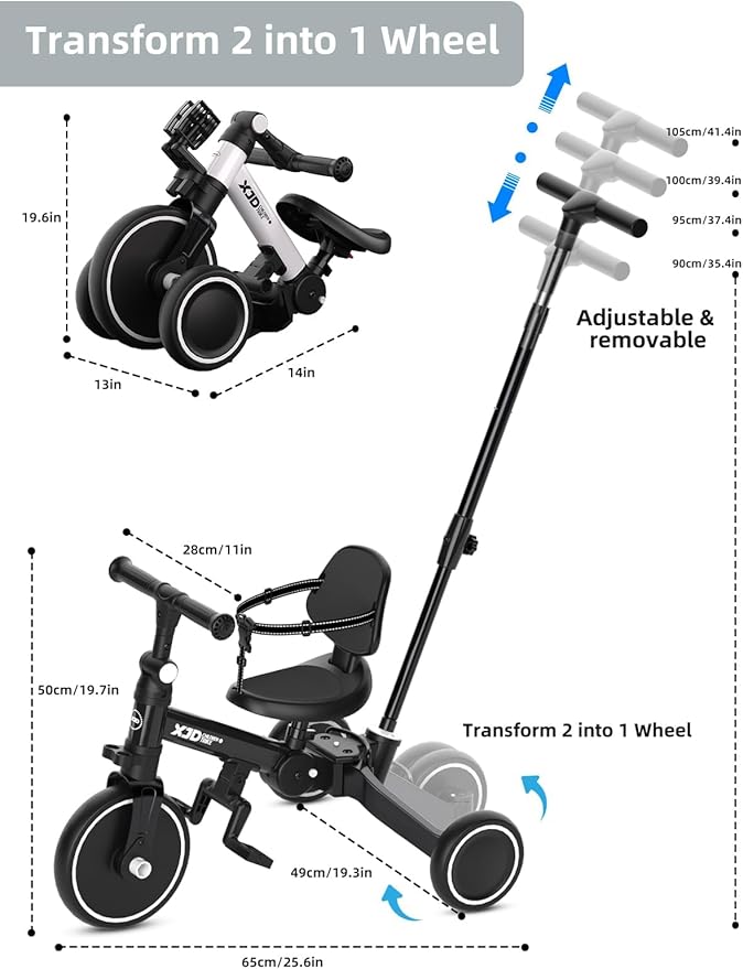 XJD Toddler Bike, 6 in 1 Folding Toddler Tricycle for 1-4 Year Old with Parental Control Handle, Balance Bike with Removable Pedal, Backrest, Adjustable Seat Height, First Birthday Gifts (Black)
