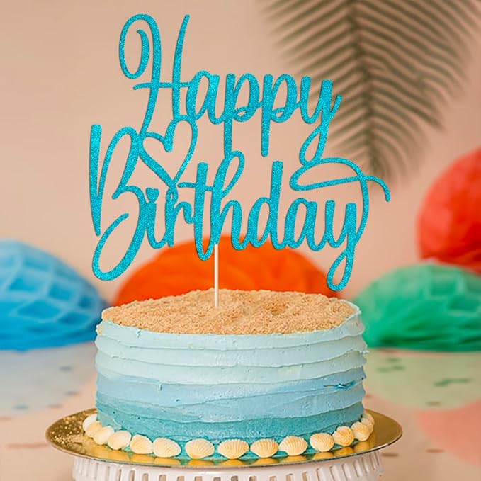 Handmade Glitter Happy Birthday Cake Topper- Happy Birthday Cake Decor,Fabulous Cake Decoration，Anniversary/Birthday Party Decoration Supplies (blue)