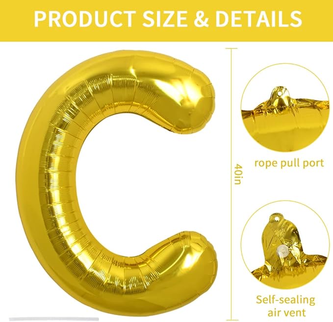 TONIFUL 40 Inch Large Gold Letter C Balloons, Foil Mylar Big Balloons for Birthday Party Anniversary Supplies Decorations