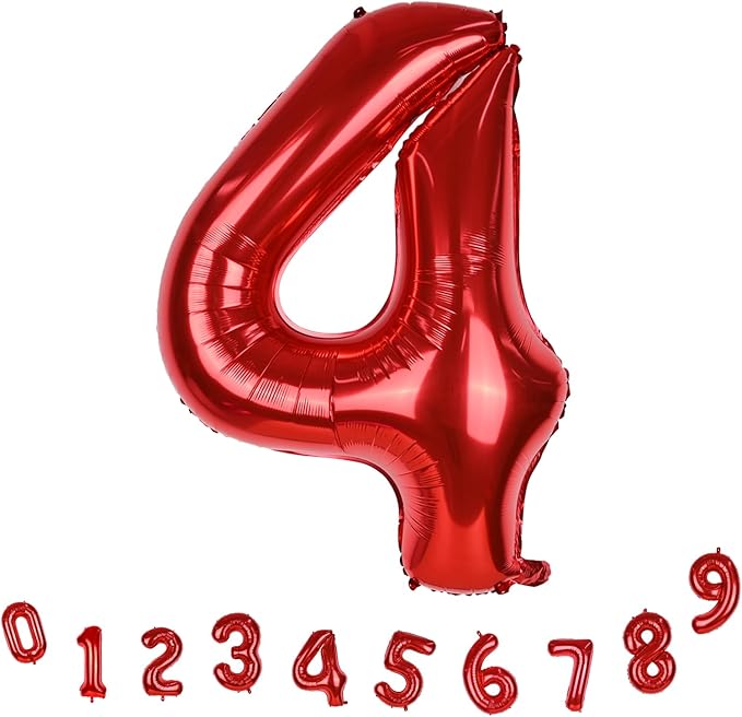 Red Number Balloons, 40 Inch 0-9 Set Number Balloons for Women Men Birthday, Self Inflating Large Balloon with Foil for 4th Birthday Party Decorations Anniversary Party Decor Girls Boys Supplies