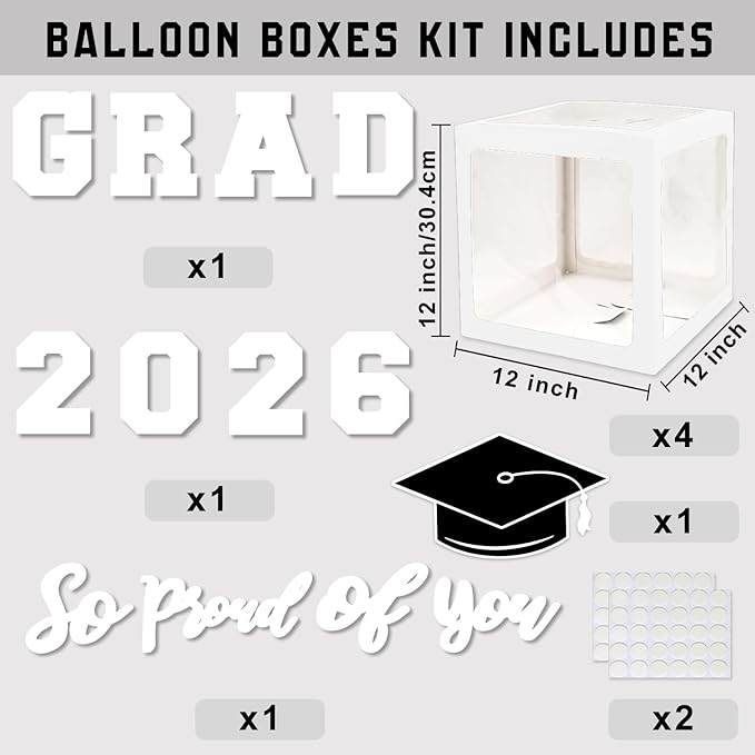 2026 Graduation Decorations, White Graduation Decorations, Balloons Boxes (4PCS) with Letters 2026 GRAD So Proud of You, Congrats Grad Decorations for High School & College