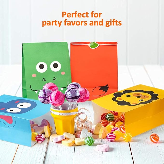 Mocoosy 24 Pack Animal Party Favor Bags, Goodie Bags for Kids Birthday, Small Gift Bags Bulk Paper Treat Bags for Toddler Baby Shower Party Supplies School Classroom Loot Bags for Girls Boys