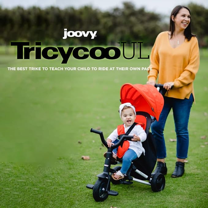 Joovy Tricycoo UL Kids Tricycle with 8 Stages Featuring 3 Rubber Tires, Removable and Adjustable Parent Handle, Safety Harness, 3-Position Recline Seat, and Retractable Canopy, Rorange