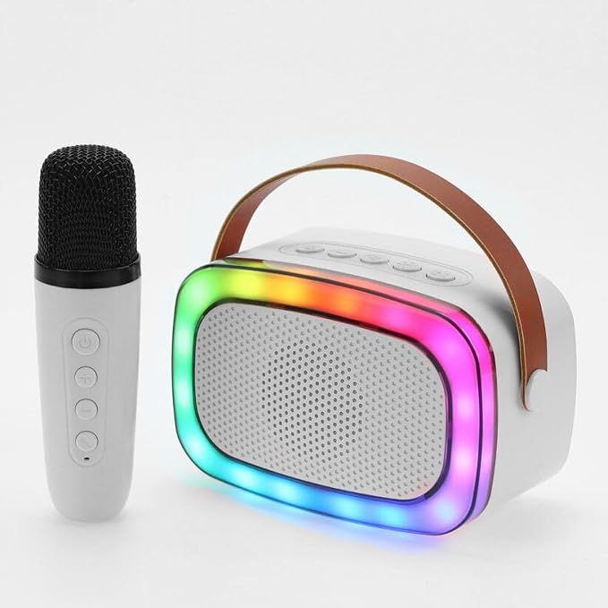 IQ Sound IQ-908K Mini Karaoke Bluetooth Speaker with Wireless Microphone, RGB Lights Surround, Fun Voice Changing in Rechargeable Compact, and Portable Design Ideal Gifts for Kids and Adults (White)