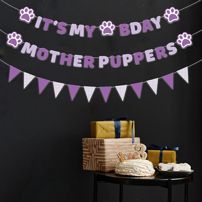 Vicycaty Pre-strung Birthday Party Supplies - It's My Bday Mother Puppers Banner Sign, Puppy Dog Paw Decorations Backdrop, Happy Birthday Pennants Banner for Boy Girl