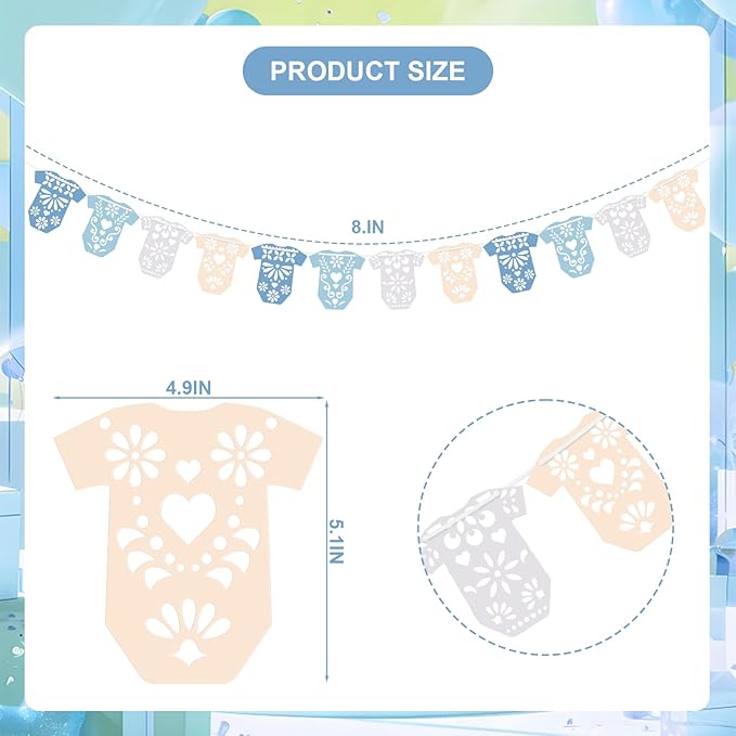 4 Set Cielito Lindo Baby Shower Garland 48 Pcs Blue Papel Picado Party Decorations Mexican Lace Baby Bodysuit Banner Card with Hanging String for Gender Neutral Party Supplies