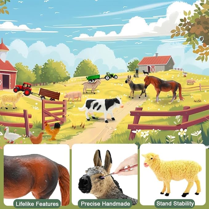 BOLZRA Farm Animal Figures Toy, Realistic Plastic 2 Farm Tractors Playset with Trailer, Farmer Fence Storage Box, Christmas Birthday Easter Gift for Kids 3-8