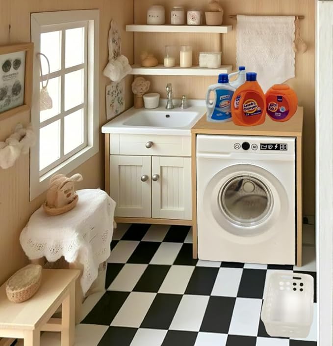 1:12 Scale Miniature Electric Washing Machine and Laundry Set, Realistic Dollhouse Accessories, Toy Washing Machine