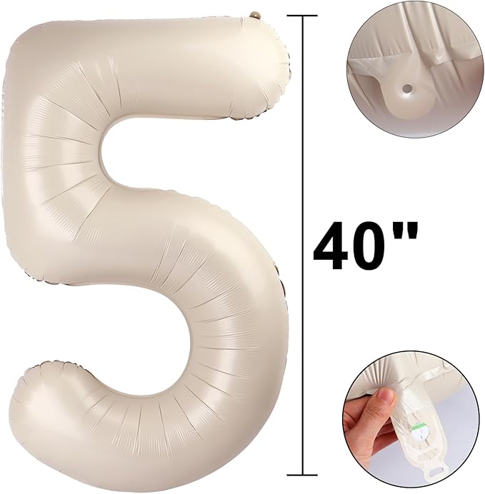 40 Inch Milk White Balloon Number 5 Cream Balloon Jumbo Mylar Foil Helium Balloons for 15 25 35 50 Big Giant Jumbo Huge Foil Mylar Balloons 55th 65th Birthday Balloons Men Women Party Decorations