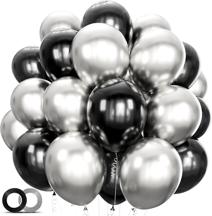 100pcs Black and Silver Balloons 12 Inch Metallic Silver and Black latex Party Balloons for Birthday Graduation Engagement New Year's Eve Party Decorations