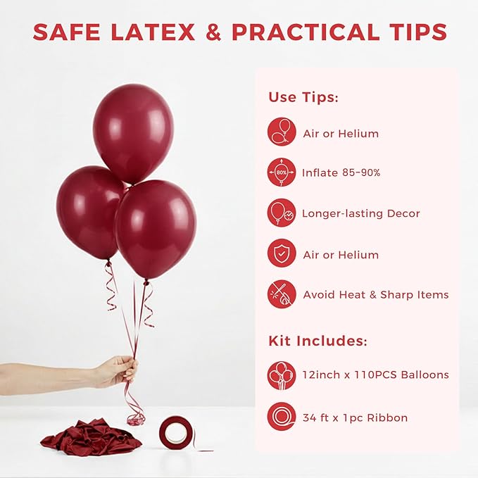 LovesTown 110PCS Burgundy Balloons, Burgundy Latex Balloon for Birthday Baby Shower Graduation Engagement Anniversary Wedding Party Supplies Garland Arch Decoration,12 Inches