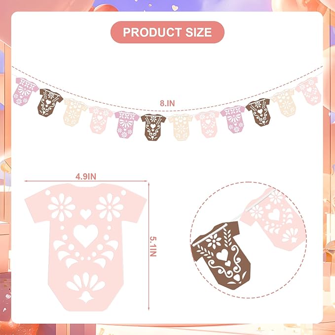 4 Set Cielito Lindo Baby Shower Garland 48 Pcs Pink Papel Picado Party Decorations Mexican Lace Baby Bodysuit Banner Card with Hanging String for Gender Neutral Party Supplies