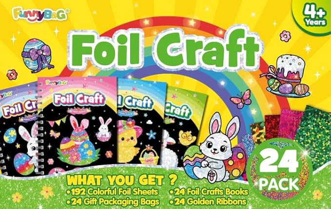 FUNNYB&G Foil Art Party Favors for Kids - 24 Pack Foil Art Crafts Kits Coloring Books, Goodie Bag Stuffers Party Favors for Kids 4-8 8-12, Bulk Easter Classroom Gifts Girls Boys Prizes (Easter)