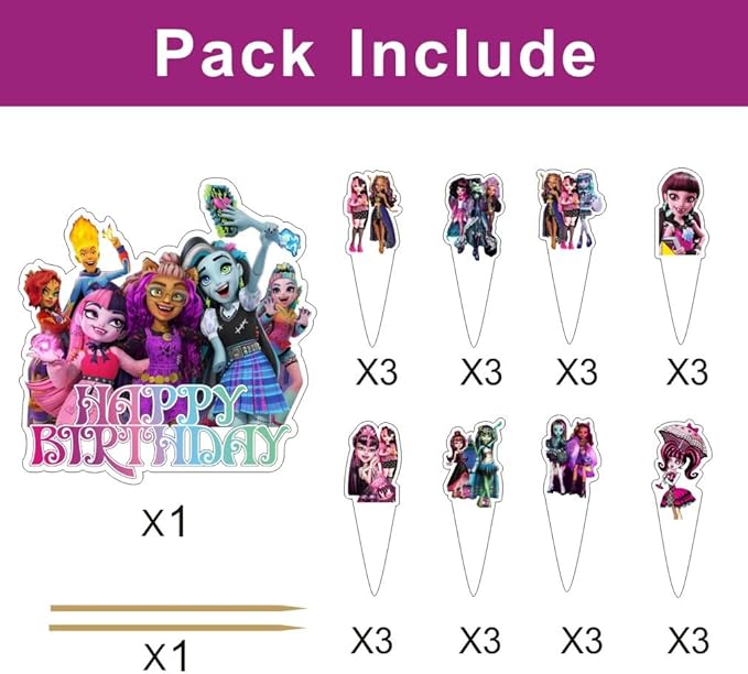 25pcs Monster Cake Decorations with 1pcs Cake Topper, 24pcs Cupcake Toppers for High Birthday Party Supplies